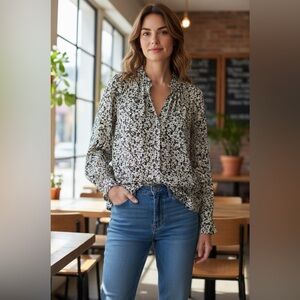LaRoque Green and Cream Floral Blouse
